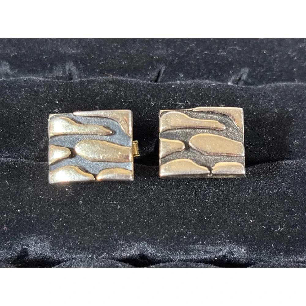 Vintage Brutalist Gold Tone Square Cufflinks Abstract Textured Mid Century Moder